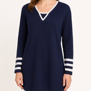 J.G. Hook Women's Navy Blue Striped Sweater Tunic  Fisherman Aesthetic Nautical